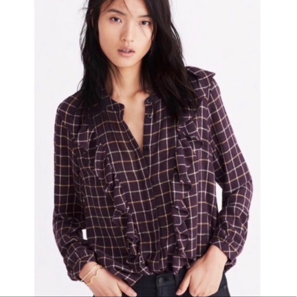 Madewell Retro Plaid Ruffle Shirt with Buttons XXS